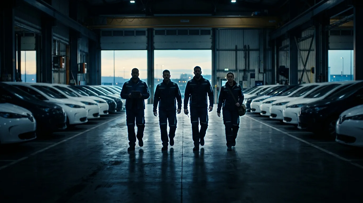 Fleet crew walking through a depot between rows of electric vehicles at dawn