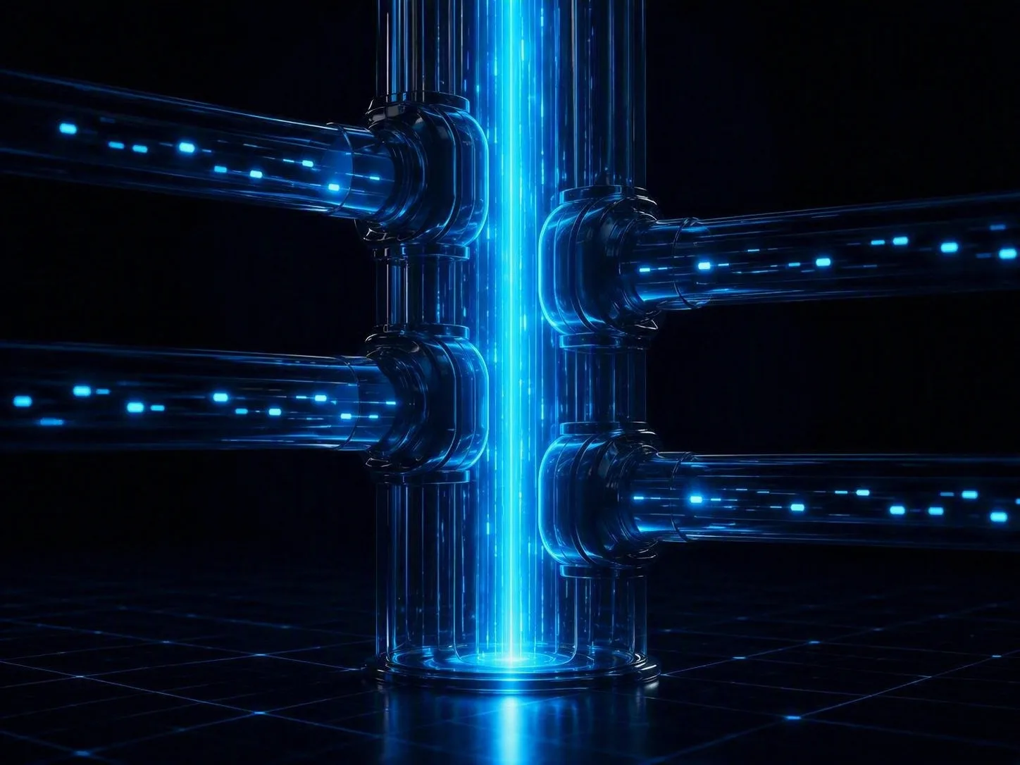 Abstract render of data conduits docking into a central glowing spine