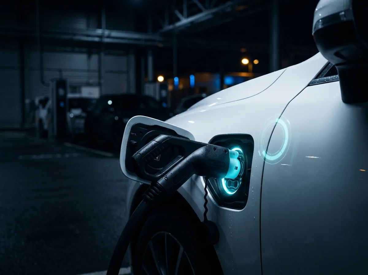 Charging connector docked in an electric vehicle with a cyan energy glow