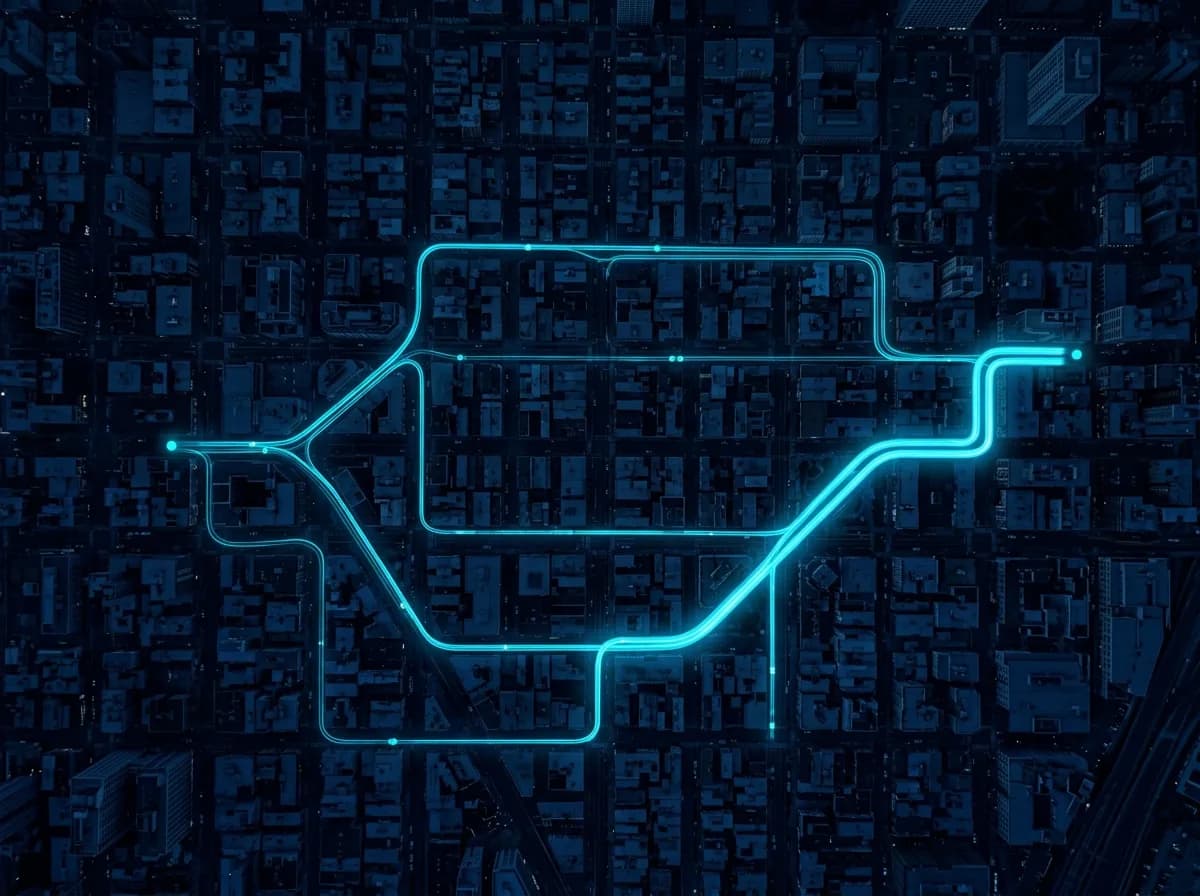 Aerial night view of city streets with glowing dispatch routes
