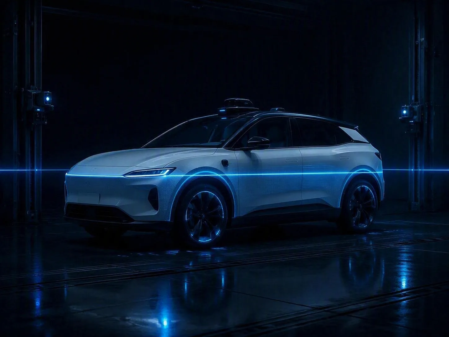 Autonomous vehicle in an inspection bay under a cyan scanning light