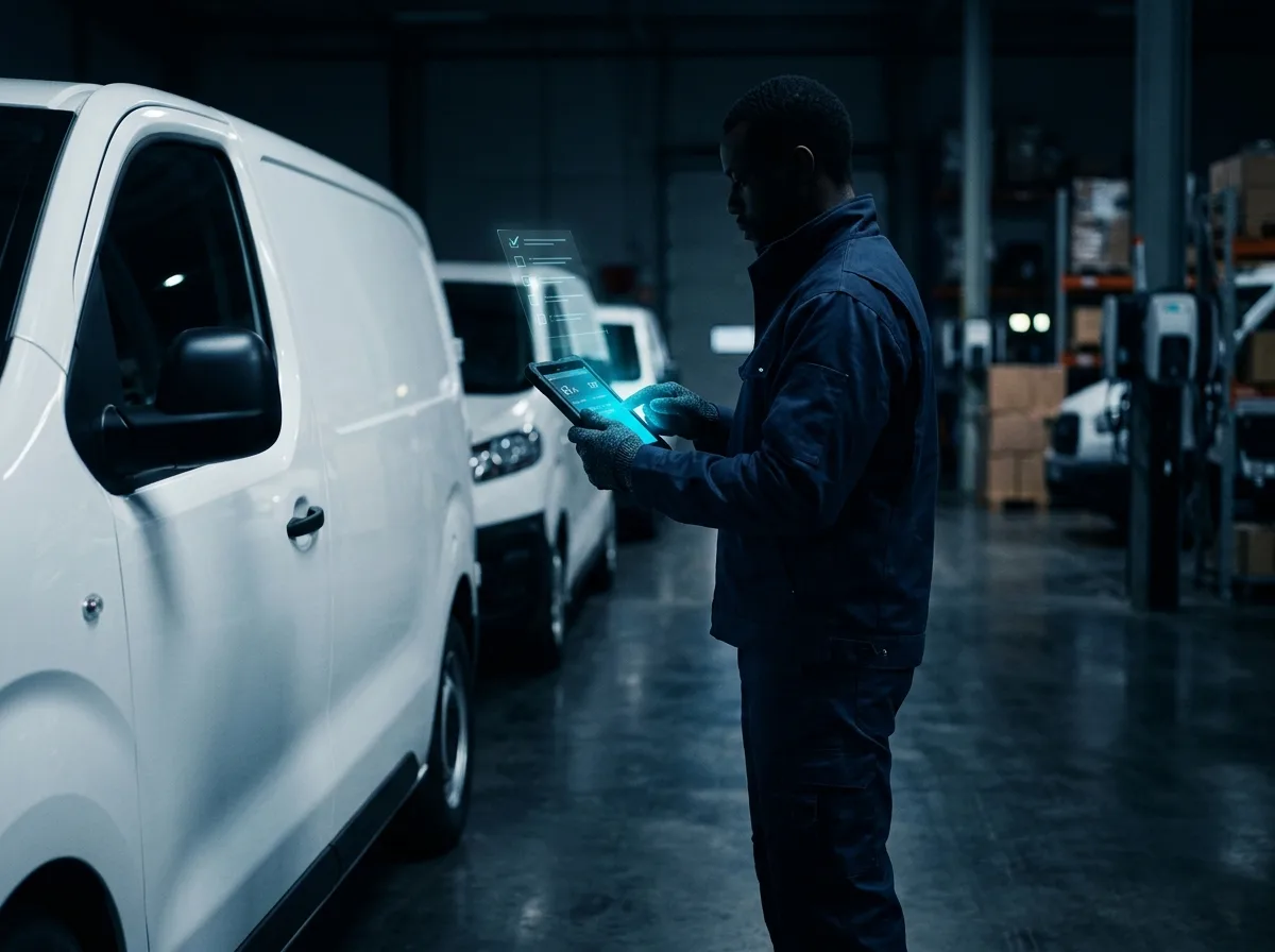 Technician beside a fleet vehicle holding a tablet casting cyan light