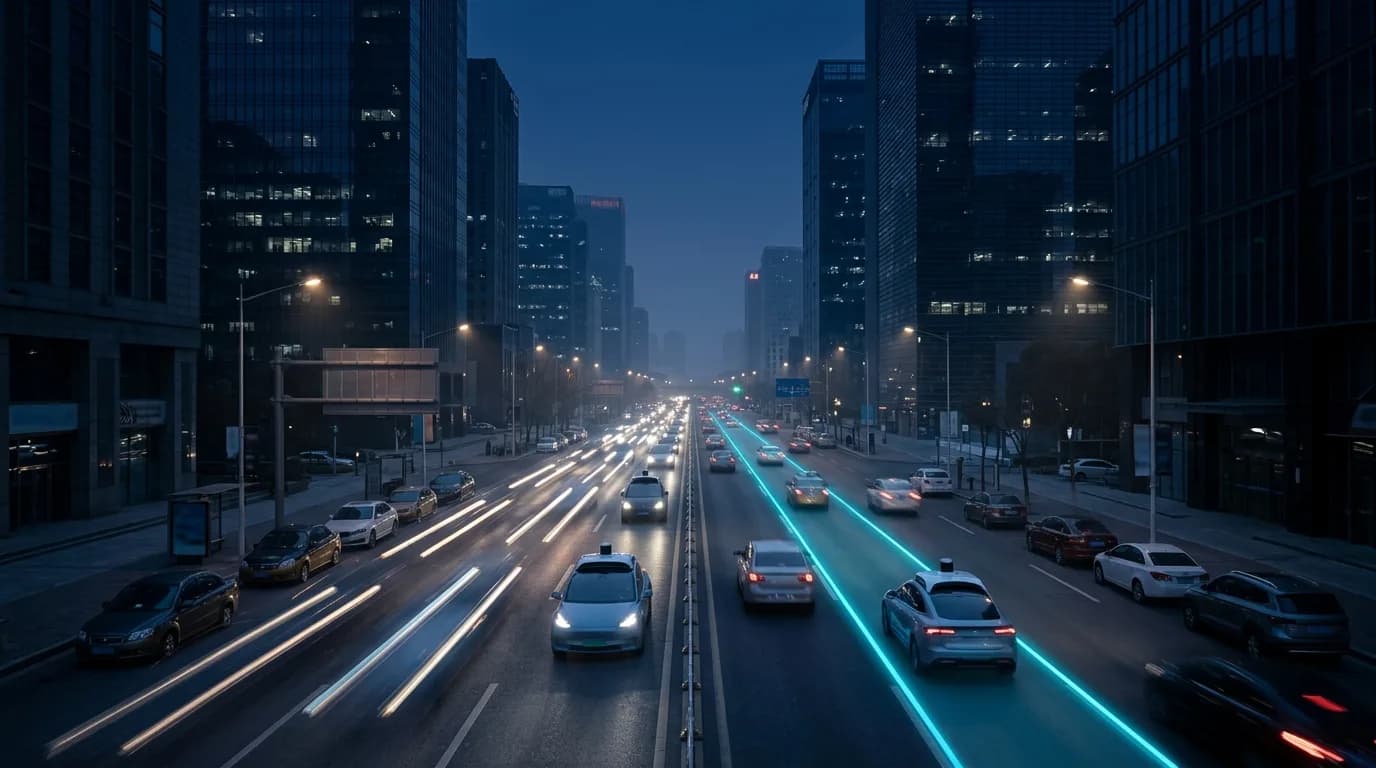 City boulevard at dusk where one traffic lane glows cyan with autonomous vehicles