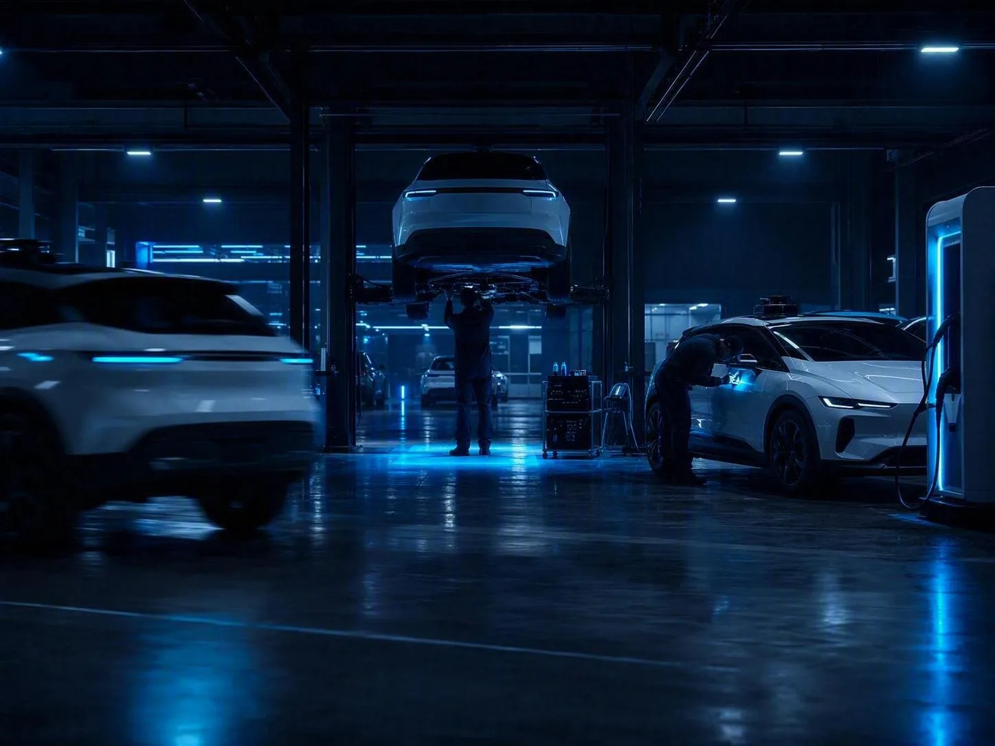 Technicians turning around electric vehicles inside a busy fleet depot at night